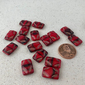 Red and Black Picasso Rectangle Glass Beads, 15MM