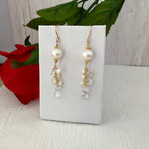 White Freshwater Pearl and White Topaz Earrings in 14K Gold Fill