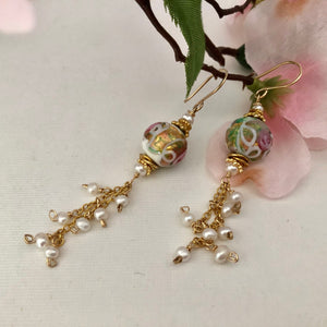 Murano White and Pink Wedding Cake Dangle Earrings In 14K Gold Fill