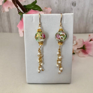 Murano White and Pink Wedding Cake Dangle Earrings In 14K Gold Fill