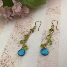 Load image into Gallery viewer, Swiss Blue Topaz and Peridot Earrings in 14K Gold Fill
