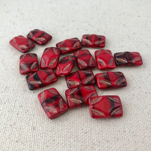 Red and Black Picasso Rectangle Glass Beads, 15MM