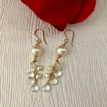 Load image into Gallery viewer, White Freshwater Pearl and White Topaz Earrings in 14K Gold Fill
