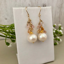 Load image into Gallery viewer, Freshwater Pearl and Sapphire Drop Earrings in 14K Gold Fill
