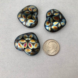 Large Black Rainbow Glass Heart Beads, Czech 30MM