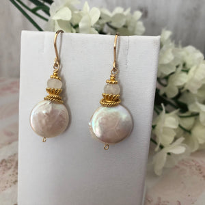 Large White Coin Pearl and Moonstone Earrings in 14K Gold Fill