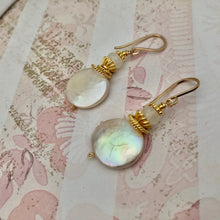Load image into Gallery viewer, Large White Coin Pearl and Moonstone Earrings in 14K Gold Fill
