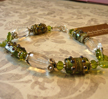 Load image into Gallery viewer, Lampwork Glass Bead Bracelet with Peridot and Crystal Quartz in Sterling Silver
