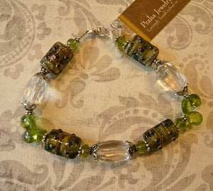 Lampwork Glass Bead Bracelet with Peridot and Crystal Quartz in Sterling Silver